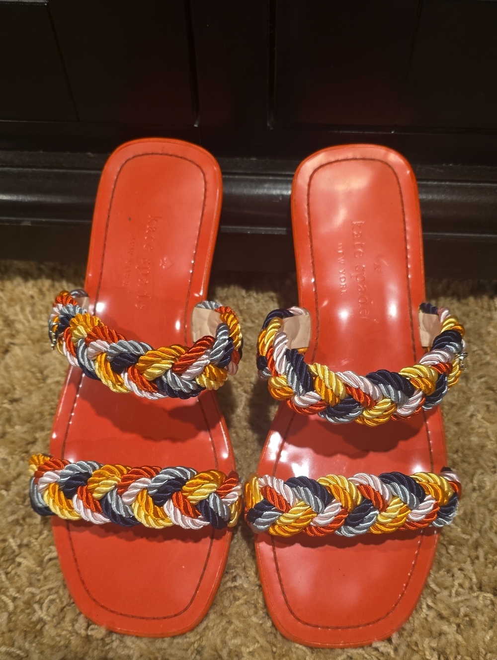 kate spade Orange Slide Sandals with Multicolor Braided Straps